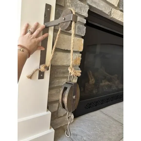 Pulley Mounting Brackets With Hook Rustic Vintage Inspired Metal Wood Twine Set - Picture 2 of 10